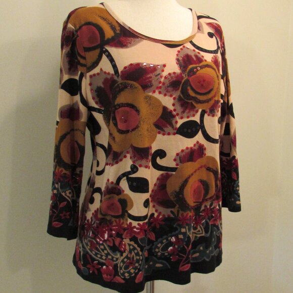 Monroe & Main Sequined Floral Cotton 3/4 Sleeve Autumn Colors Top - Picture 5 of 16